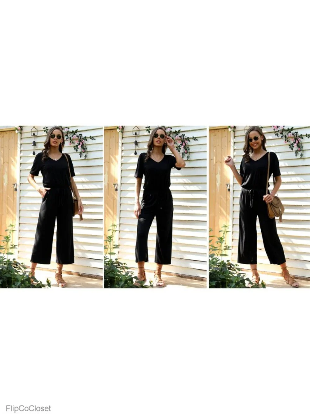 Women's Casual Wide Leg Cropped Jumpsuit V Neck Short Sleeve Romper with Pockets